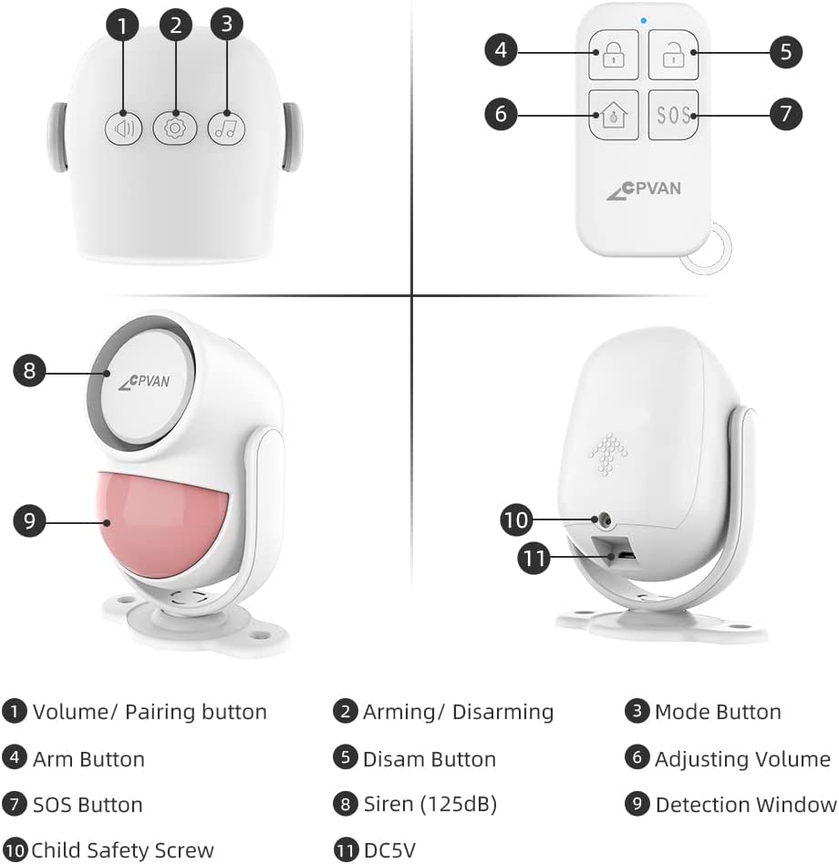 CPVAN Motion Sensor Alarm, Wireless Infrared Home Security System, PIR Motion Detector Alert (125dB, 328ft, Battery Operated) with Remote Control(Key Fob). Model: CP2