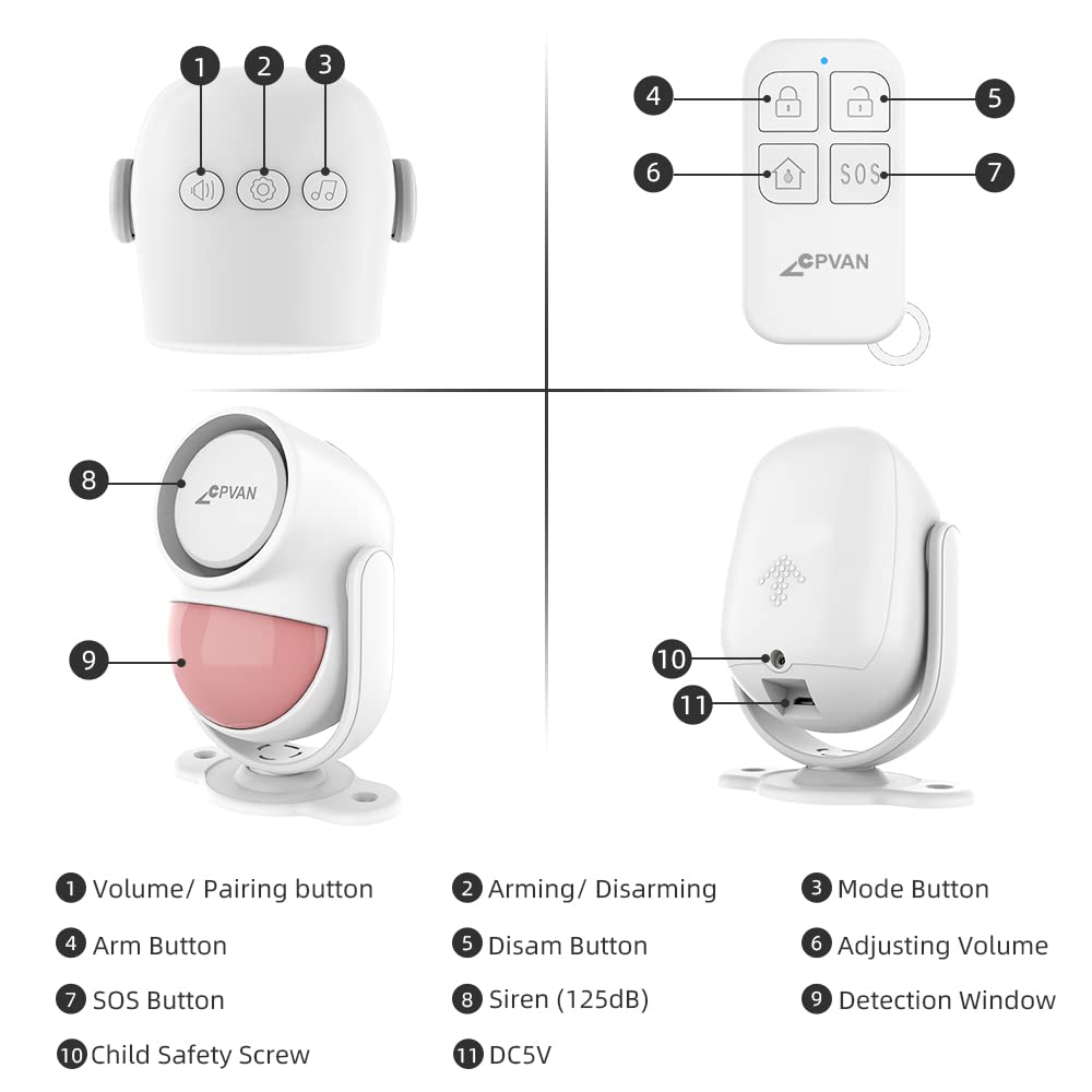 CPVAN Motion Sensor Alarm, Wireless Infrared Home Security System, PIR Motion Detector Alert (125dB, 328ft, Battery Operated) with Remote Control(Key Fob). Model: CP2