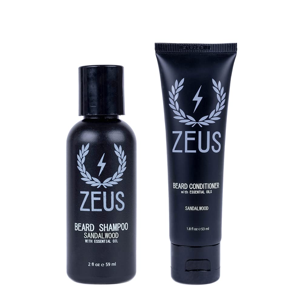 ZEUS Travel Size Beard Wash & Beard Conditioner Set for Men – Soften, Hydrates & Moisturizes - MADE IN USA (Sandalwood)