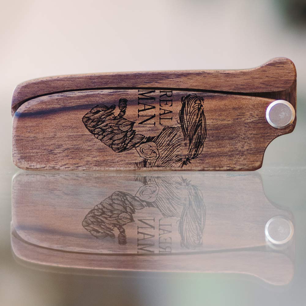 Beard Comb for Men Pocket Folding Combs for Mustache & Hair Travel Natural Wooden Comb with Real Man Engraving - Perfect for Use w/Beard Balm Oil (Real Man)
