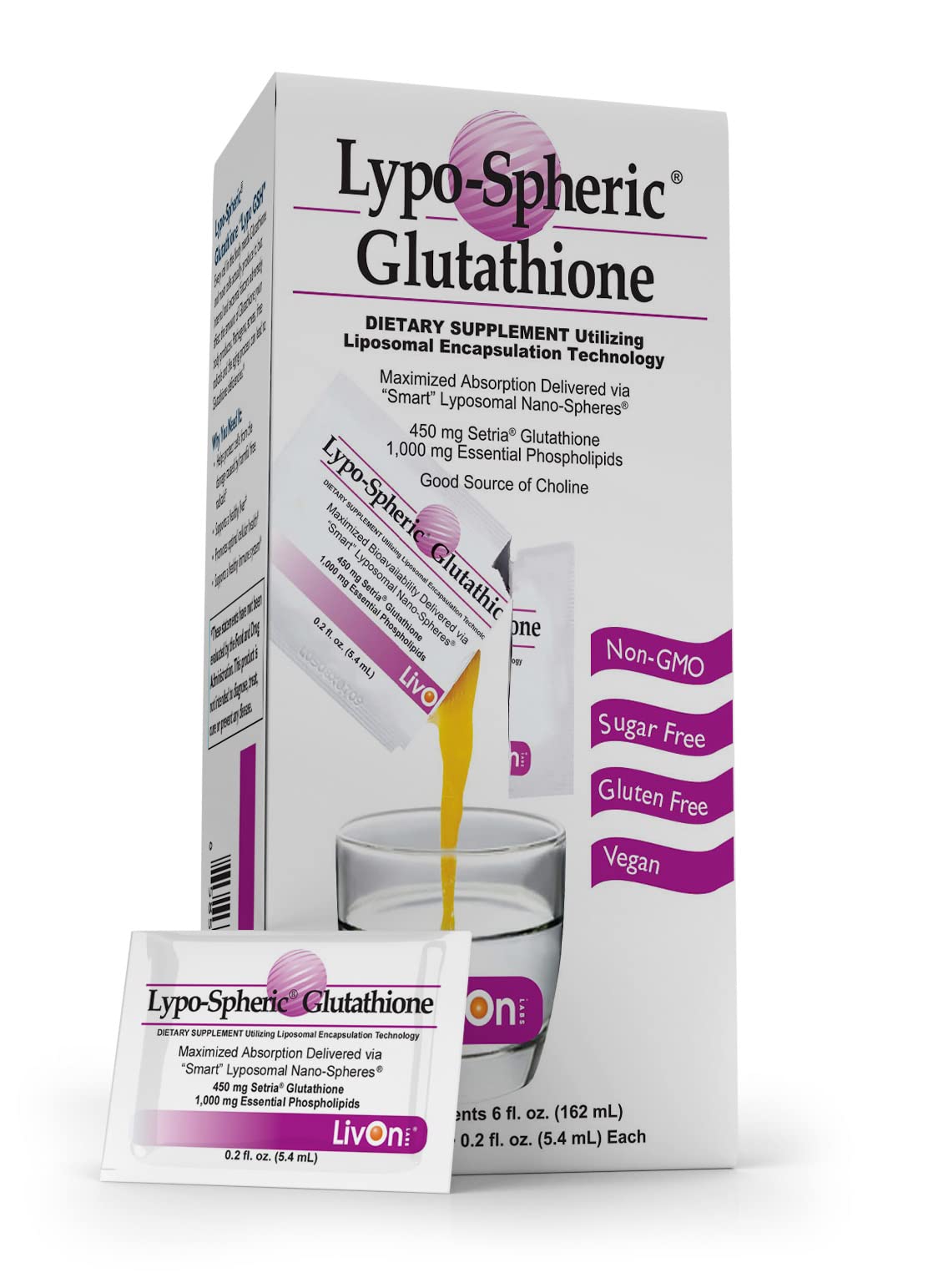 LivOn Laboratories Lypo–Spheric Glutathione - 30 Packets – 450 mg Glutathione Per Packet – Liposome Encapsulated for Improved Absorption – Professionally Formulated, 100% Non–GMO