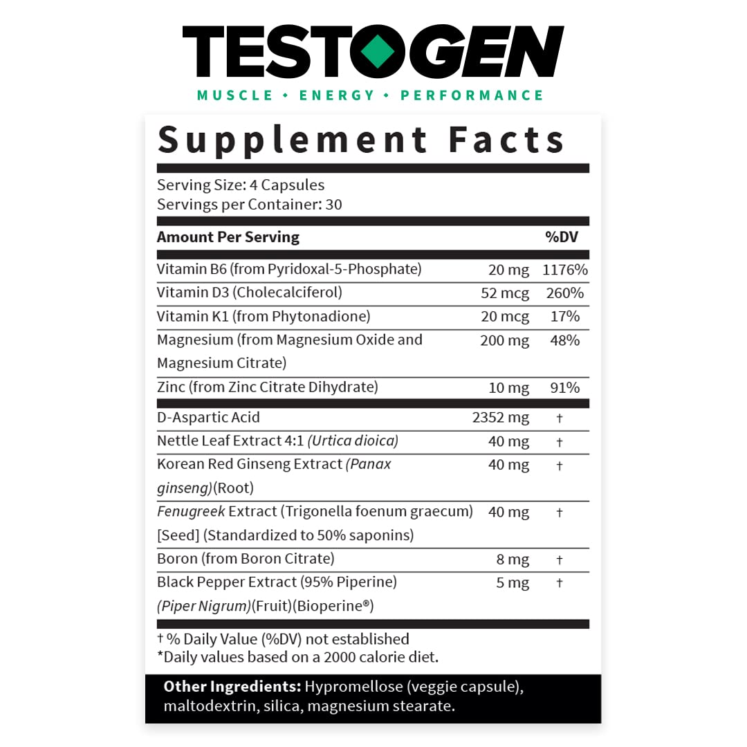 TestoGen Booster for Men - Natural Male Vitality Supplement to Combat Low Energy, Fight Fatigue, Support Weight Control & Increase Muscle Growth - 120 Caps