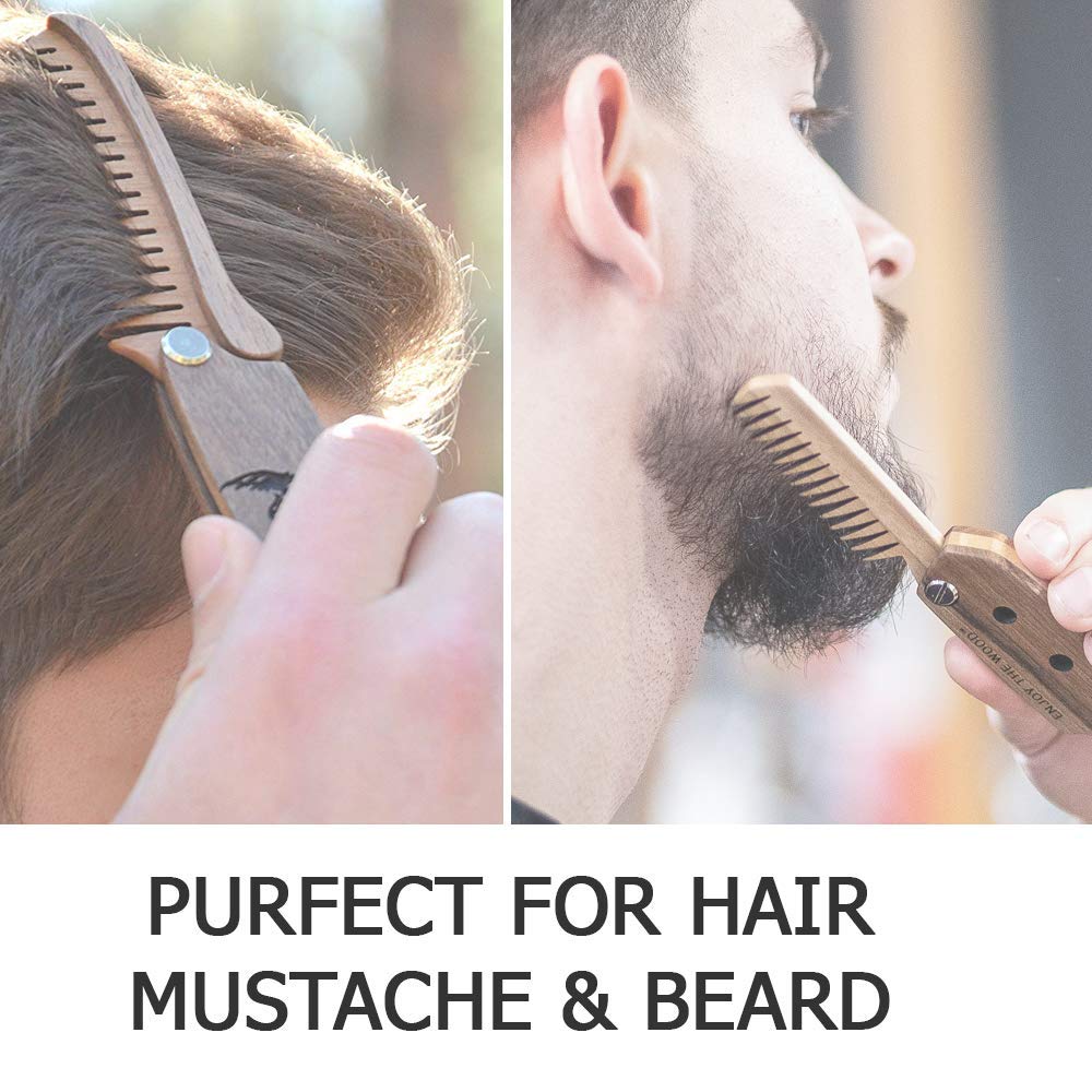 Beard Comb for Men Pocket Folding Combs for Mustache & Hair Travel Natural Wooden Comb with Real Man Engraving - Perfect for Use w/Beard Balm Oil (Real Man)