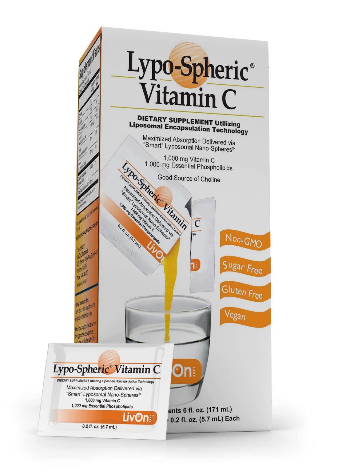 LivOn Laboratories Lypo–Spheric Vitamin C – 30 Packets – 1,000 mg Vitamin C & 1,000 mg Essential Phospholipids Per Packet – Liposome Encapsulated for Improved Absorption – 100% Non–GMO