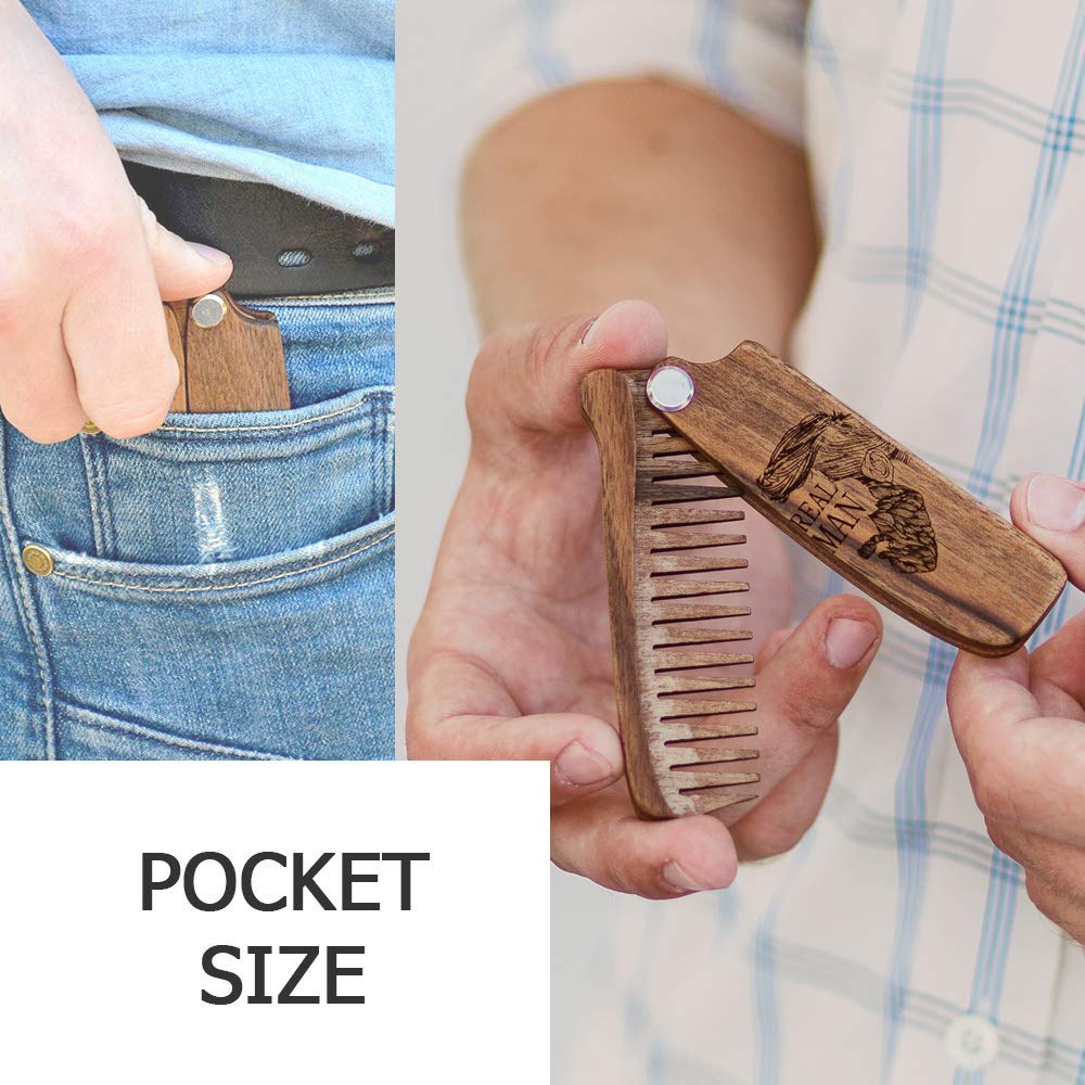 Beard Comb for Men Pocket Folding Combs for Mustache & Hair Travel Natural Wooden Comb with Real Man Engraving - Perfect for Use w/Beard Balm Oil (Real Man)