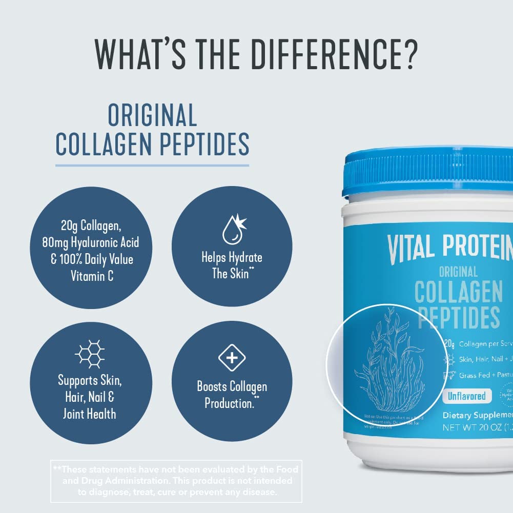 Vital Proteins Collagen Peptides Powder with Hyaluronic Acid and Vitamin C, Unflavored, 20 oz