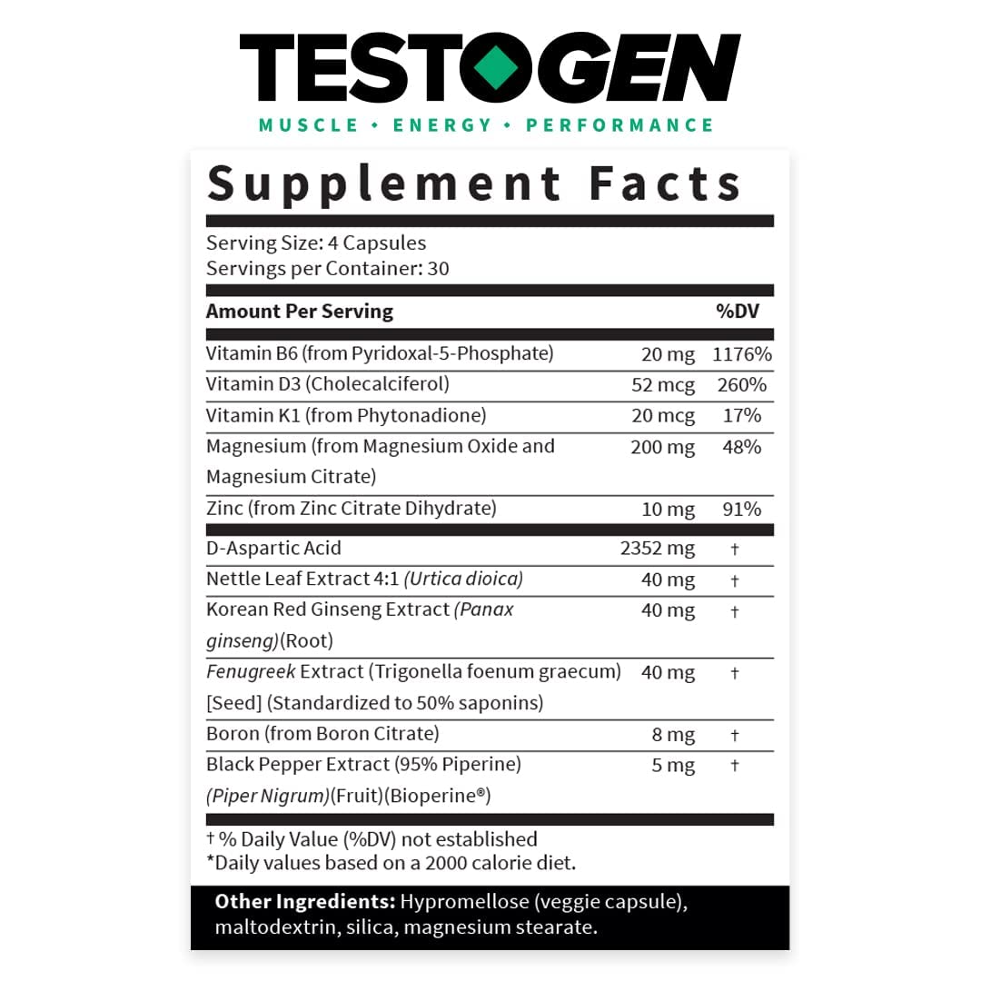 TestoGen Booster for Men - Natural Male Vitality Supplement to Combat Low Energy, Fight Fatigue, Support Weight Control & Increase Muscle Growth - 120 Caps