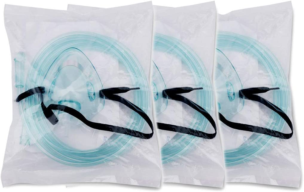 Adult Europe Standard Oxygen Mask with 6.6' Tubing and Adjustable Elastic Strap - 3 Packs - Size L+