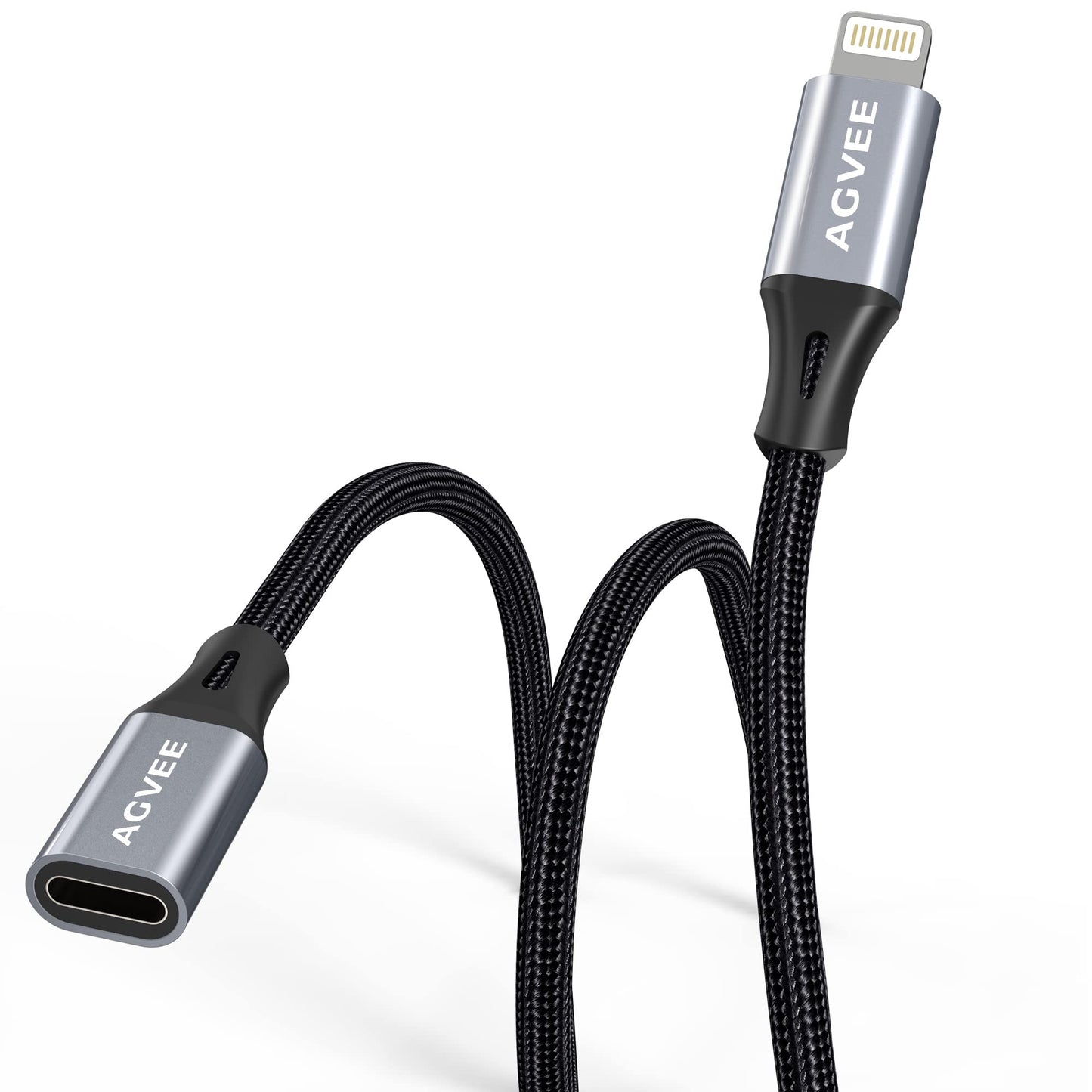 AGVEE 6.6ft Lightning Extension Cable, Braided Female to Male Extender Full Function Cord Compatible with iPhone iPad, Data Sync Video Audio & Charging Charger Connector Adapter, Dark Gray