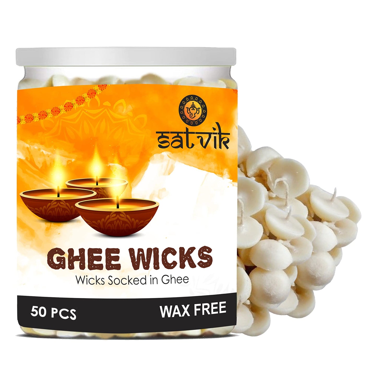 SATVIK 50 Pc Pure Ghee Wicks for Puja (Upto 30 Mins ) Pooja Home and Mandir. Nitya Pujan Readymade Ghee Jyot Jyoti Pujan Indian Housewarming Return Gift Items Accessories. Diwali Cotton Wicks