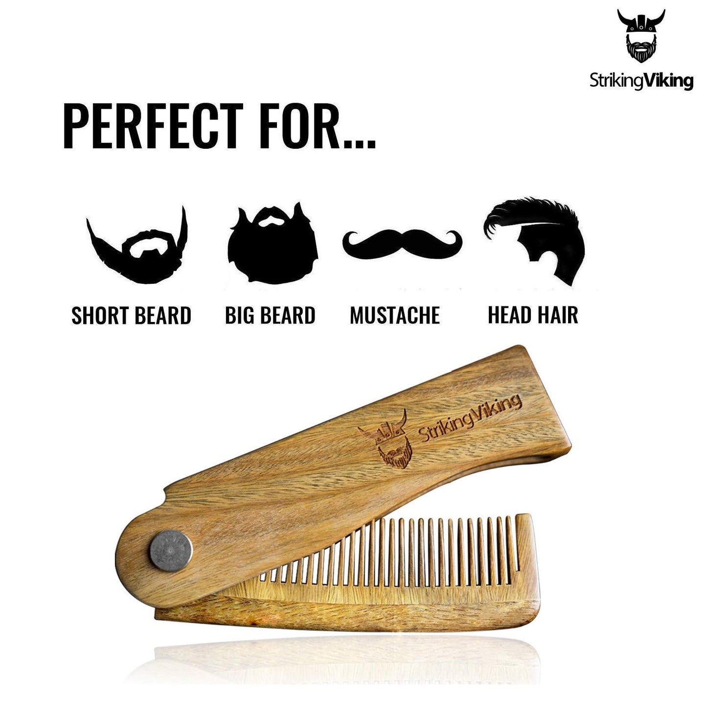 Striking Viking Folding Wooden Comb - Men's Hair, Beard & Mustache Comb - Pocket Sized Sandal Wood Comb for Everyday Grooming, Use Dry or with Balms and Oils - Beard Gift for Men