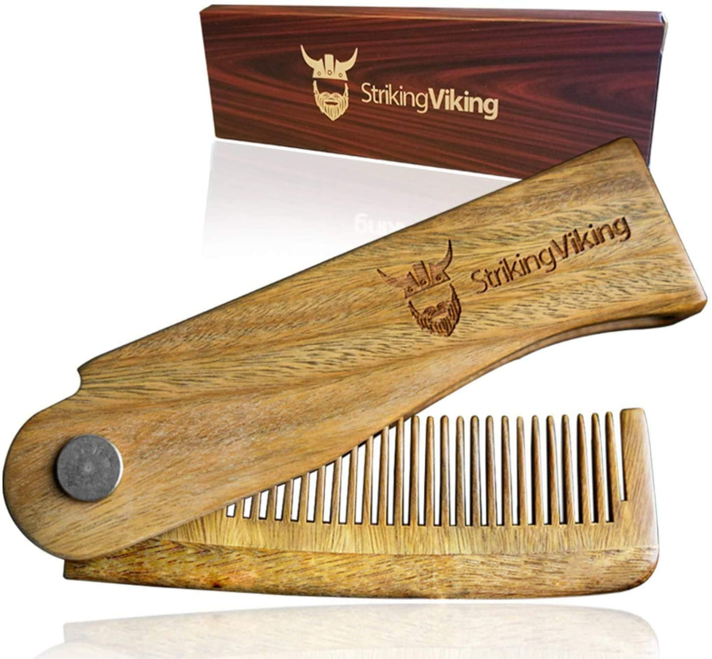 Striking Viking Folding Wooden Comb - Men's Hair, Beard & Mustache Comb - Pocket Sized Sandal Wood Comb for Everyday Grooming, Use Dry or with Balms and Oils - Beard Gift for Men