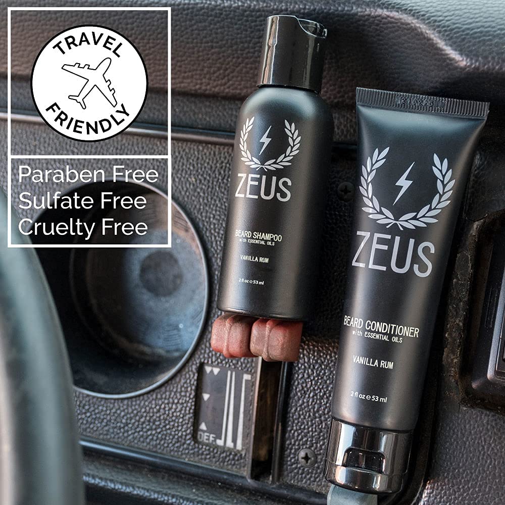 ZEUS Travel Size Beard Wash & Beard Conditioner Set for Men – Soften, Hydrates & Moisturizes - MADE IN USA (Sandalwood)