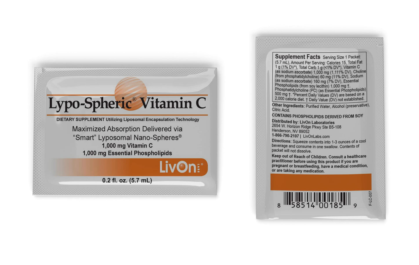 LivOn Laboratories Lypo–Spheric Vitamin C – 30 Packets – 1,000 mg Vitamin C & 1,000 mg Essential Phospholipids Per Packet – Liposome Encapsulated for Improved Absorption – 100% Non–GMO