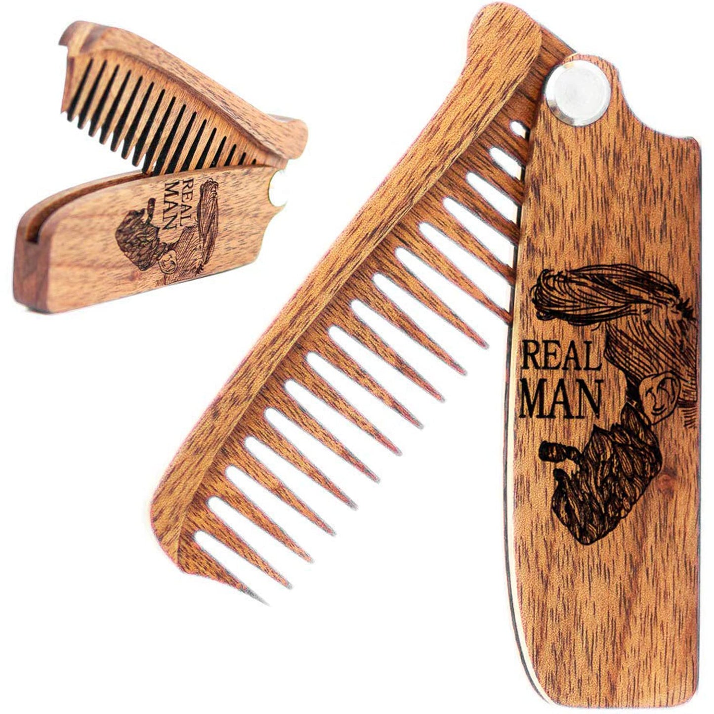 Beard Comb for Men Pocket Folding Combs for Mustache & Hair Travel Natural Wooden Comb with Real Man Engraving - Perfect for Use w/Beard Balm Oil (Real Man)