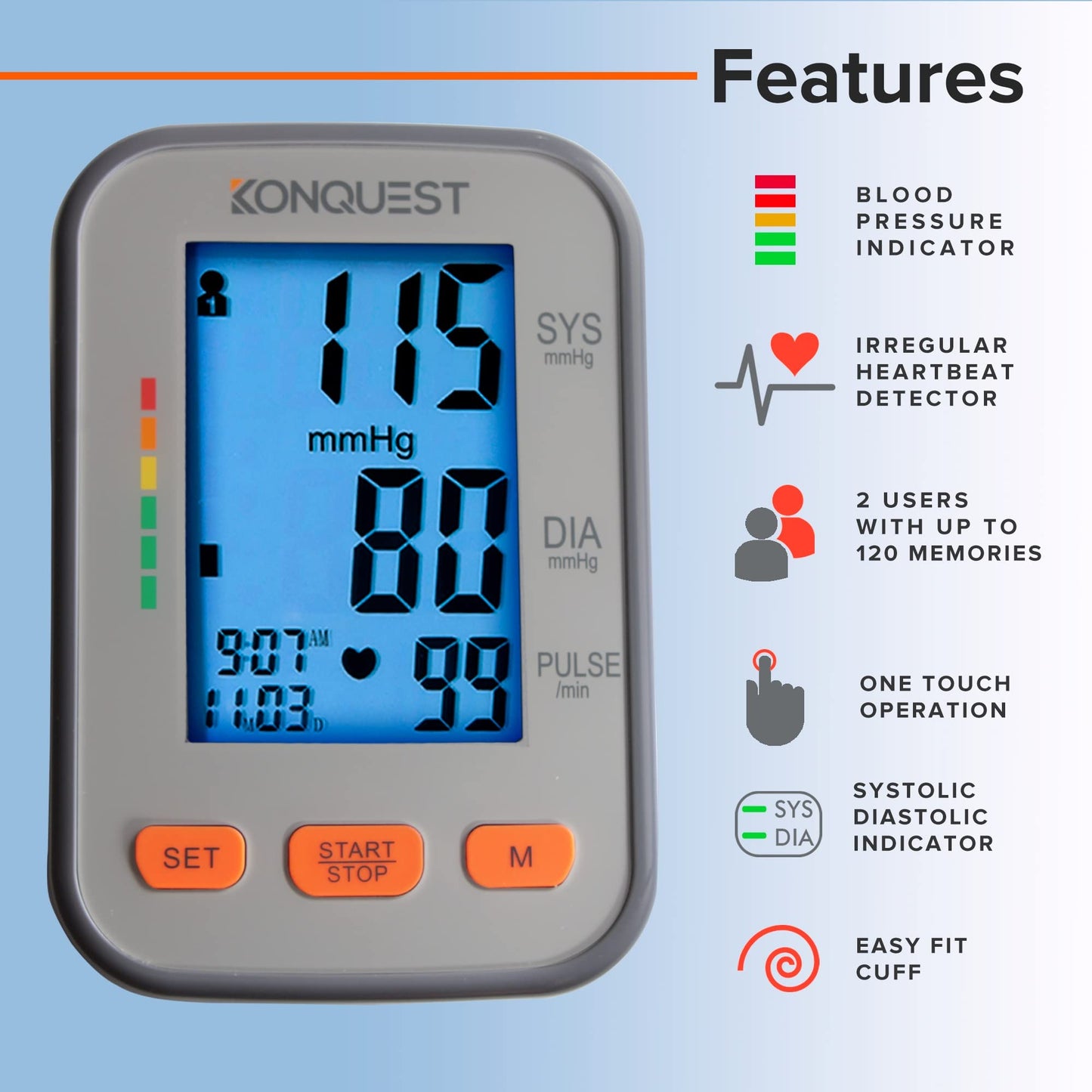 Konquest KBP-2704A Automatic Upper Arm Blood Pressure Monitor - Adjustable Cuff - Large Backlit Display - Irregular Heartbeat Detector - Tensiometro Digital