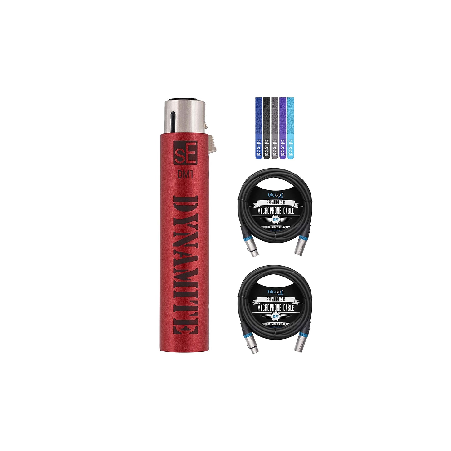 sE Electronics DM1 Dynamite Active in-Line Preamp for Dynamic and Passive Ribbon Microphones Bundle with Blucoil 2-Pack of 10-FT Balanced XLR Cables, and 5-Pack of Reusable Velcro Cable Ties