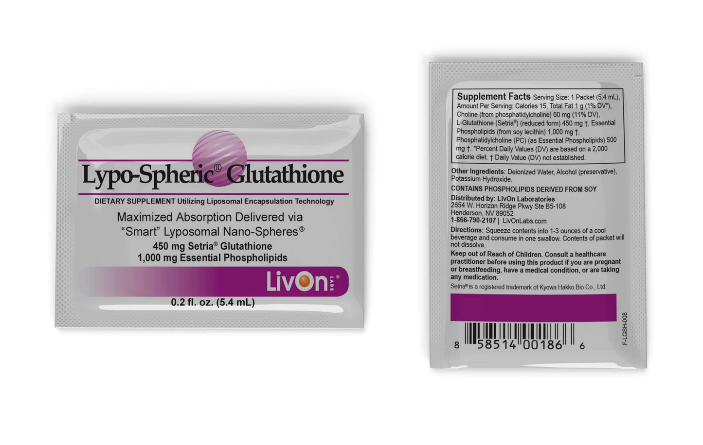 Lypo–Spheric Glutathione - 2 Cartons (60 Packets) – 450 mg Glutathione Per Packet – Liposome Encapsulated for Improved Absorption– Professionally Formulated, 100% Non–GMO