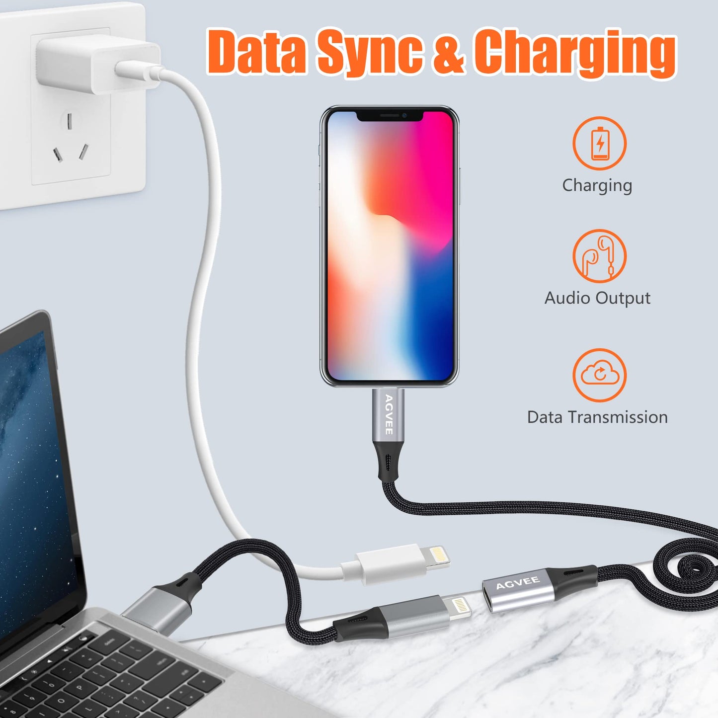 AGVEE 6.6ft Lightning Extension Cable, Braided Female to Male Extender Full Function Cord Compatible with iPhone iPad, Data Sync Video Audio & Charging Charger Connector Adapter, Dark Gray