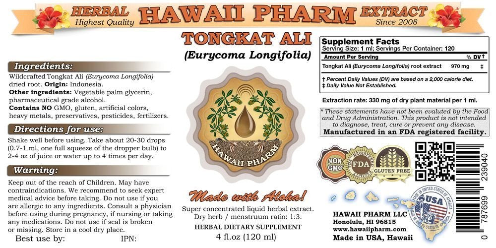 HawaiiPharm Tongkat Ali Liquid Extract, Tongkat Ali (Eurycoma Longifolia ) Root Powder Tincture, Herbal Supplement, Made in USA, 4 fl.oz