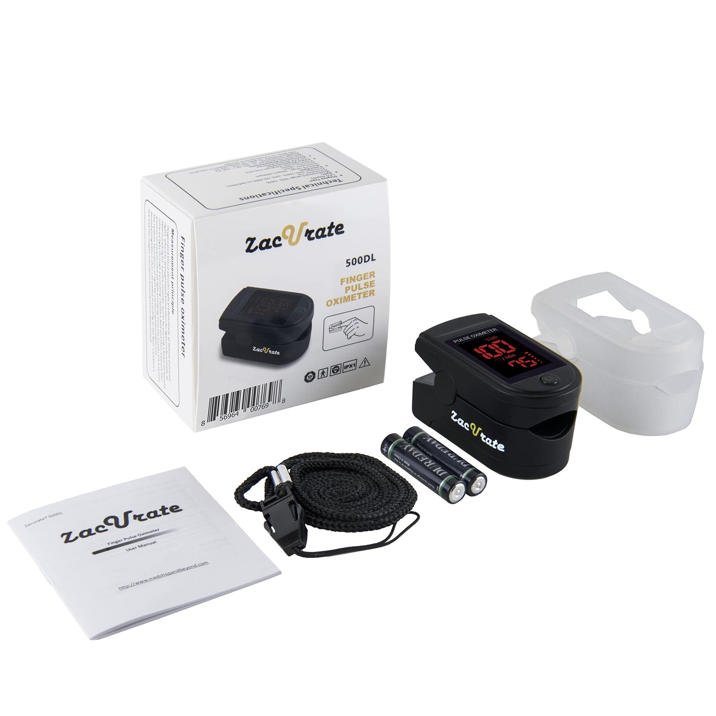 Zacurate Pro Series 500DL Fingertip Pulse Oximeter Blood Oxygen Saturation Monitor with Silicon Cover, Batteries and Lanyard (Royal Black)