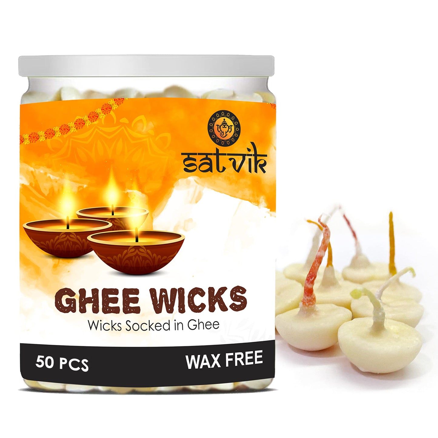 SATVIK 50 Pc Pure Ghee Wicks for Puja (Upto 30 Mins ) Pooja Home and Mandir. Nitya Pujan Readymade Ghee Jyot Jyoti Pujan Indian Housewarming Return Gift Items Accessories. Diwali Cotton Wicks