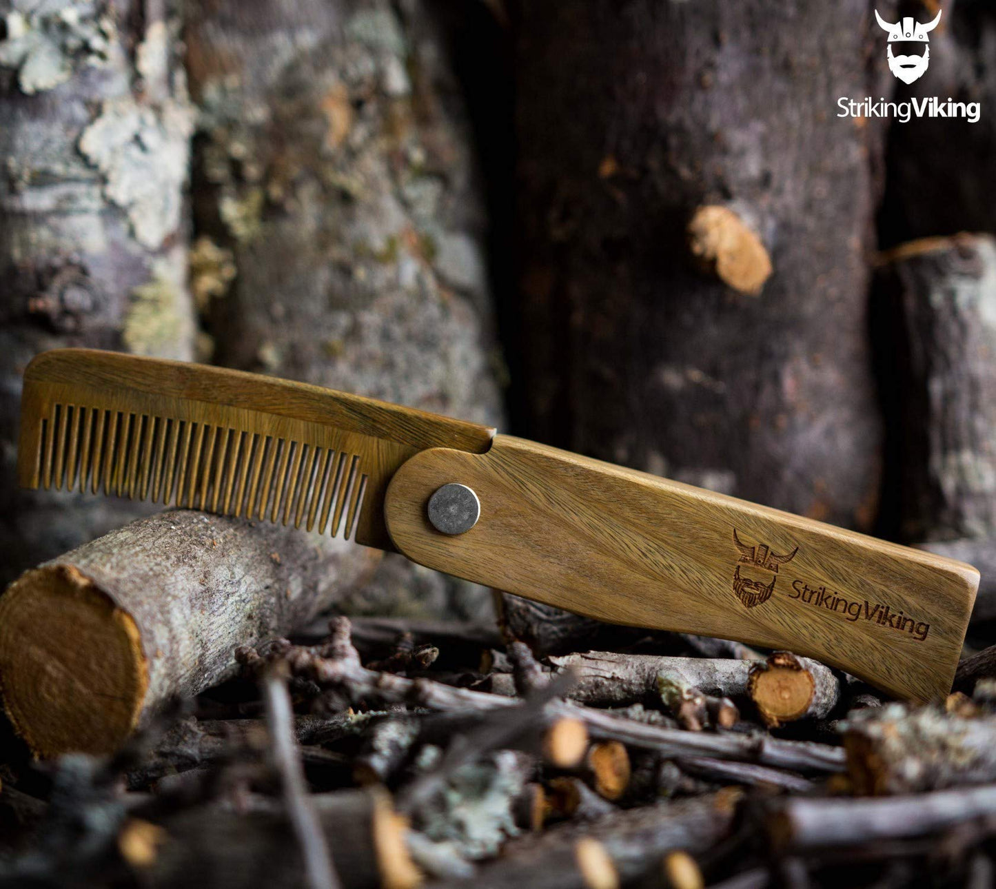 Striking Viking Folding Wooden Comb - Men's Hair, Beard & Mustache Comb - Pocket Sized Sandal Wood Comb for Everyday Grooming, Use Dry or with Balms and Oils - Beard Gift for Men