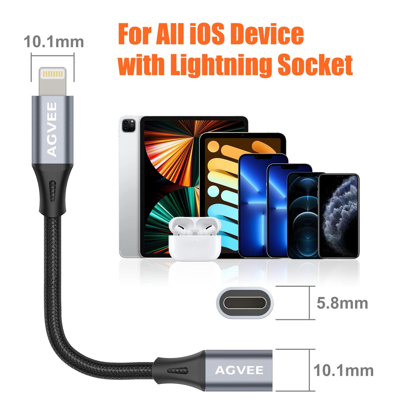 AGVEE 6.6ft Lightning Extension Cable, Braided Female to Male Extender Full Function Cord Compatible with iPhone iPad, Data Sync Video Audio & Charging Charger Connector Adapter, Dark Gray