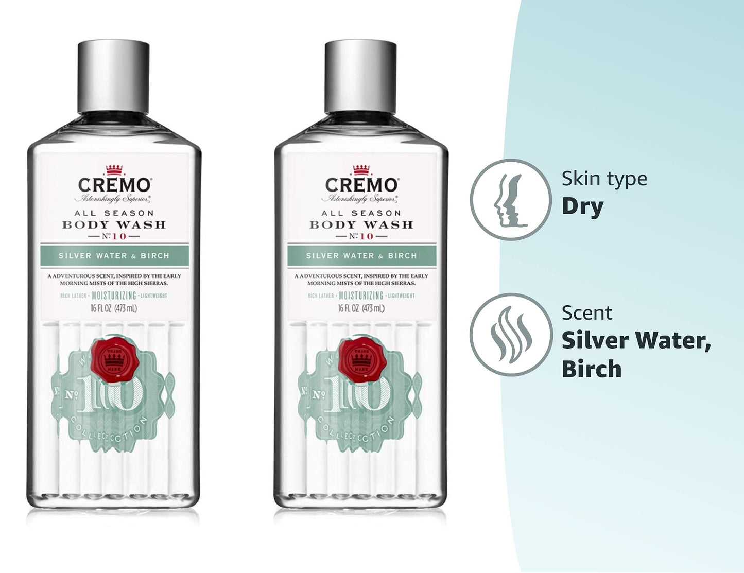 Cremo Rich-Lathering Silver Water & Birch Body Wash, A Revitalizing Combination of Glacier-Fed Streams and White Birch 16 Fl Oz (2-Pack)