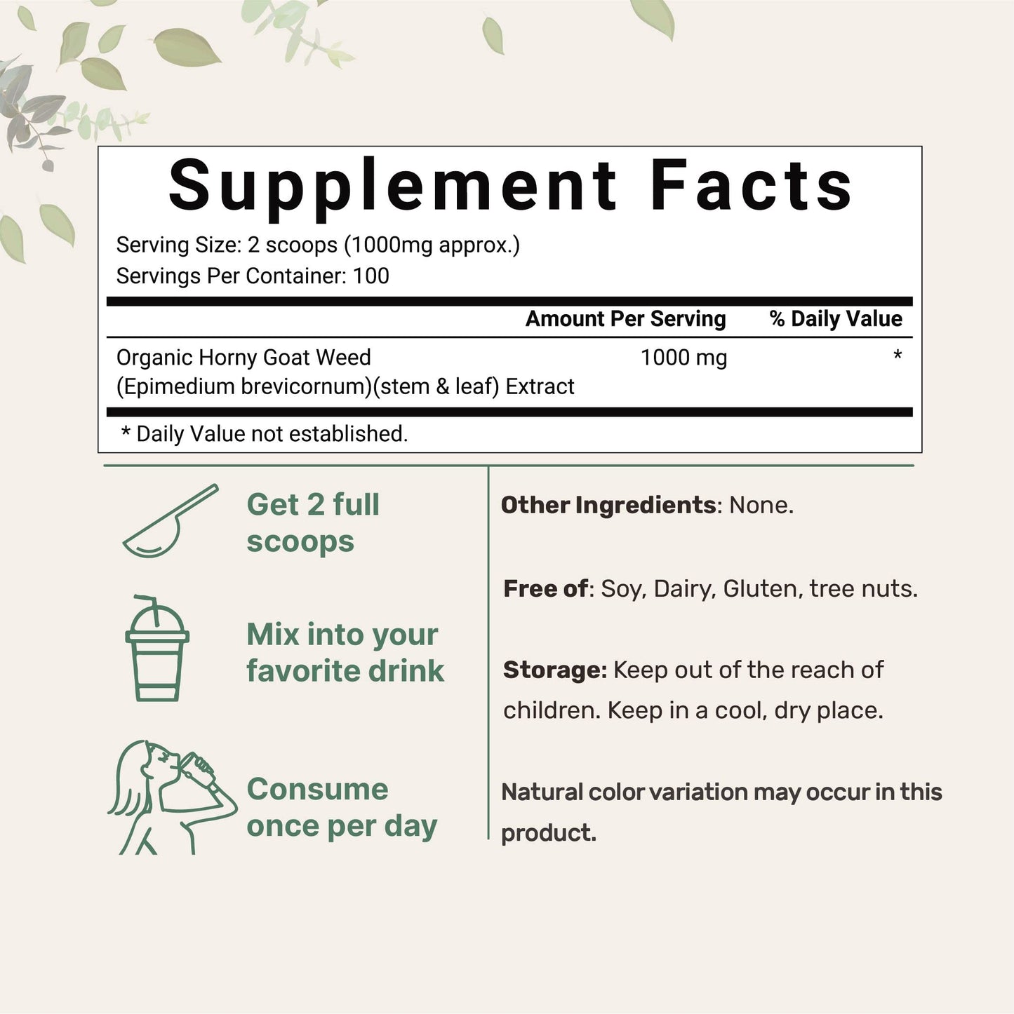 Maximum Strength Organic Pure Horny Goat Weed with Active Icariins for Men and Women, 100 Grams, Organic Epimedium Powder for Energy and Immune System Booster, Filler Free and Vegan Friendly