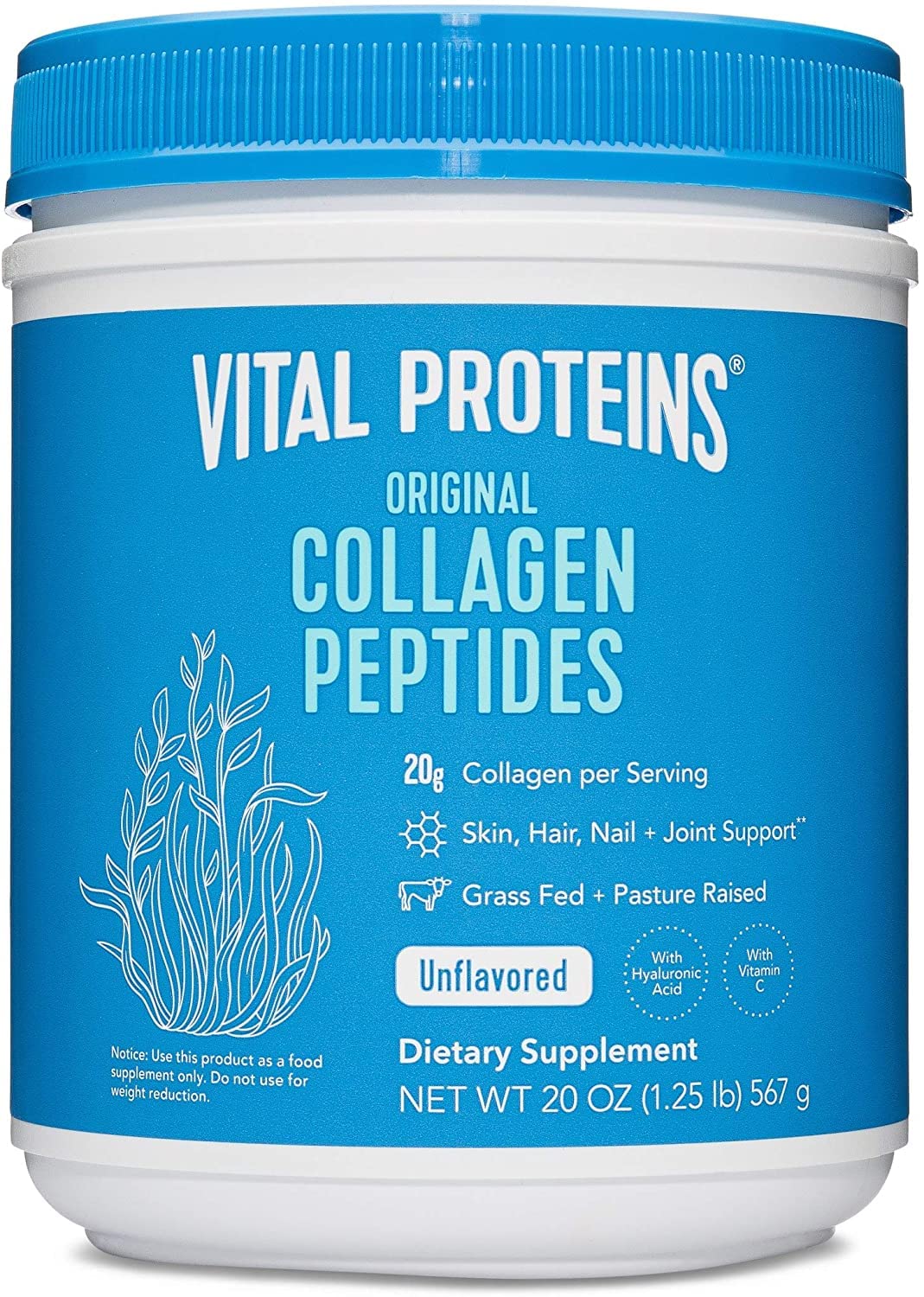 Vital Proteins Collagen Peptides Powder with Hyaluronic Acid and Vitamin C, Unflavored, 20 oz