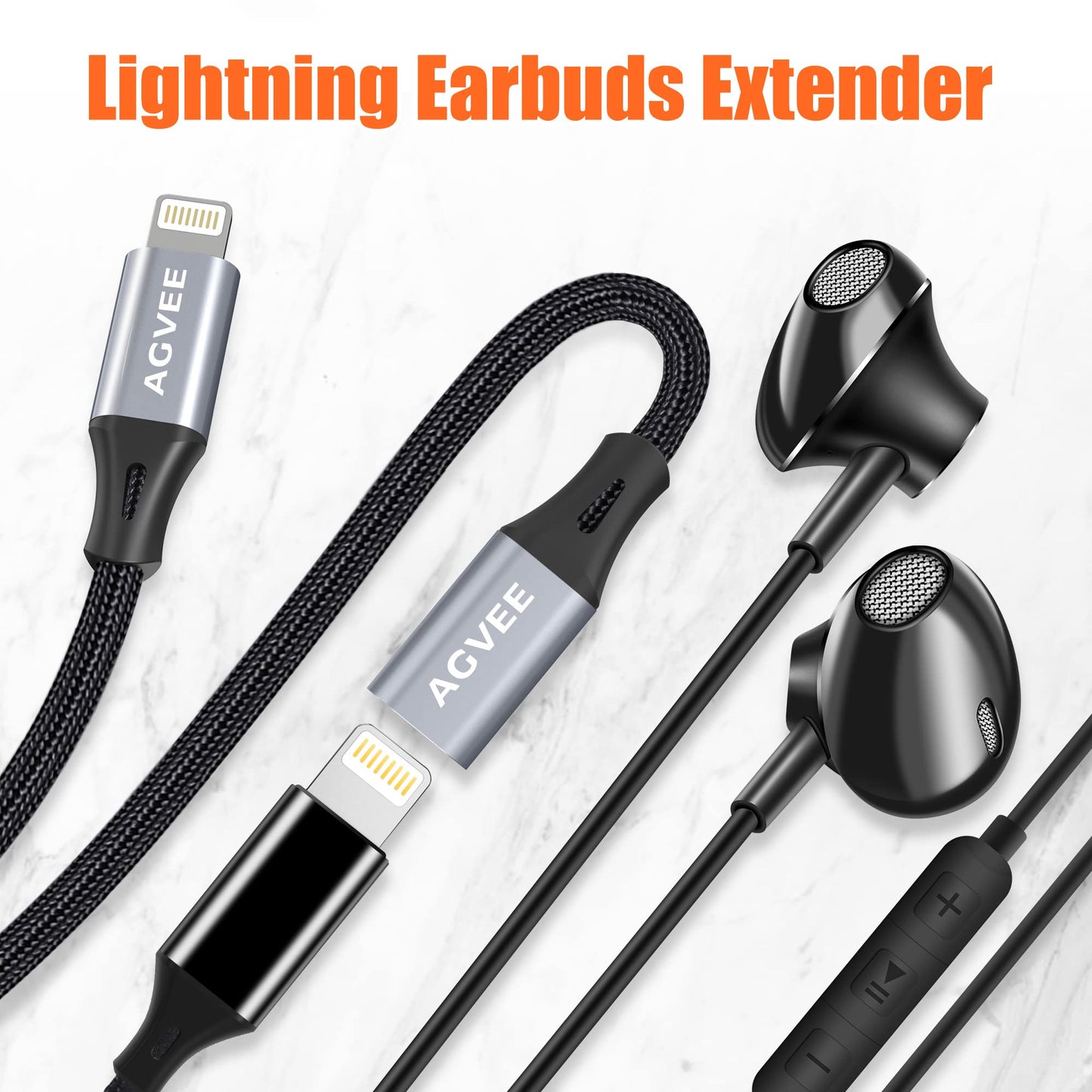 AGVEE 6.6ft Lightning Extension Cable, Braided Female to Male Extender Full Function Cord Compatible with iPhone iPad, Data Sync Video Audio & Charging Charger Connector Adapter, Dark Gray