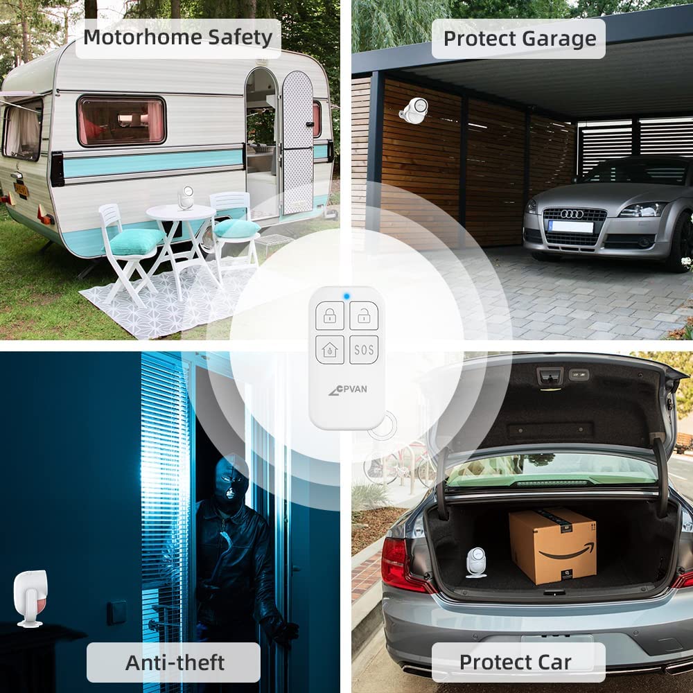 CPVAN Motion Sensor Alarm, Wireless Infrared Home Security System, PIR Motion Detector Alert (125dB, 328ft, Battery Operated) with Remote Control(Key Fob). Model: CP2