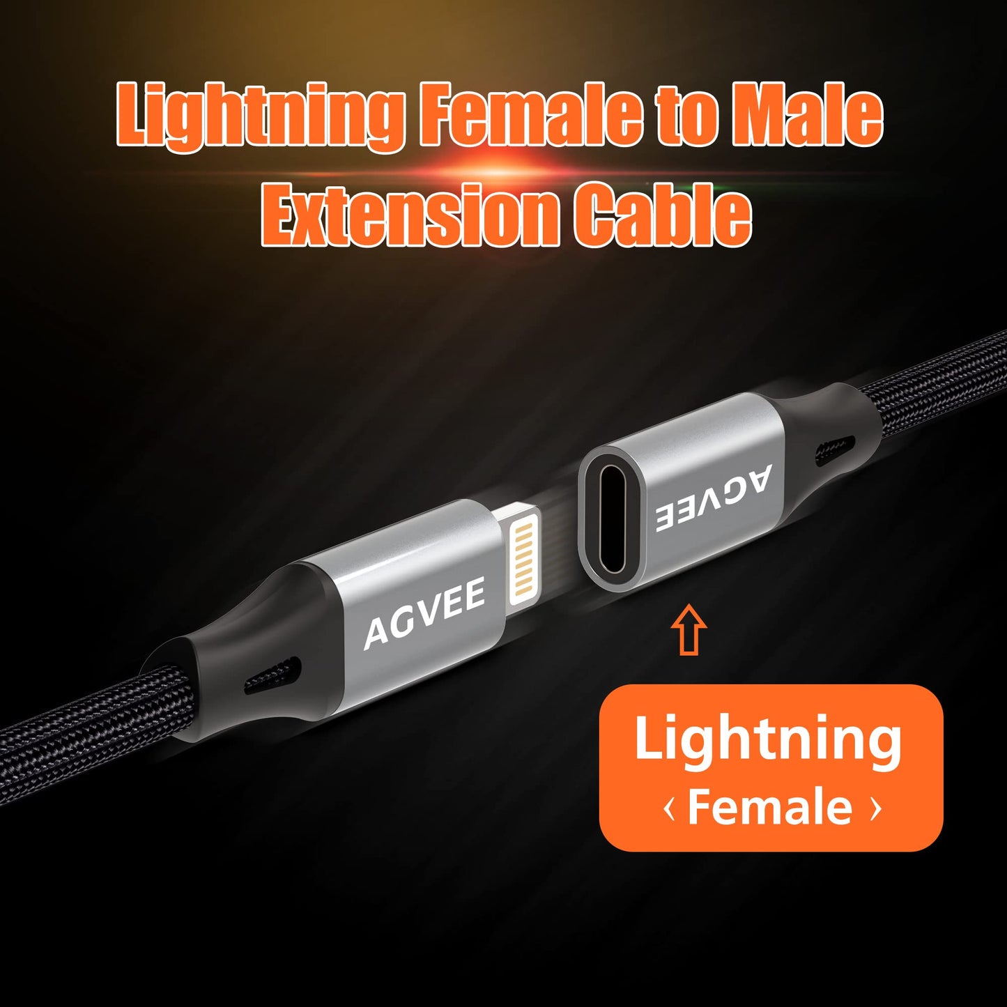 AGVEE 6.6ft Lightning Extension Cable, Braided Female to Male Extender Full Function Cord Compatible with iPhone iPad, Data Sync Video Audio & Charging Charger Connector Adapter, Dark Gray