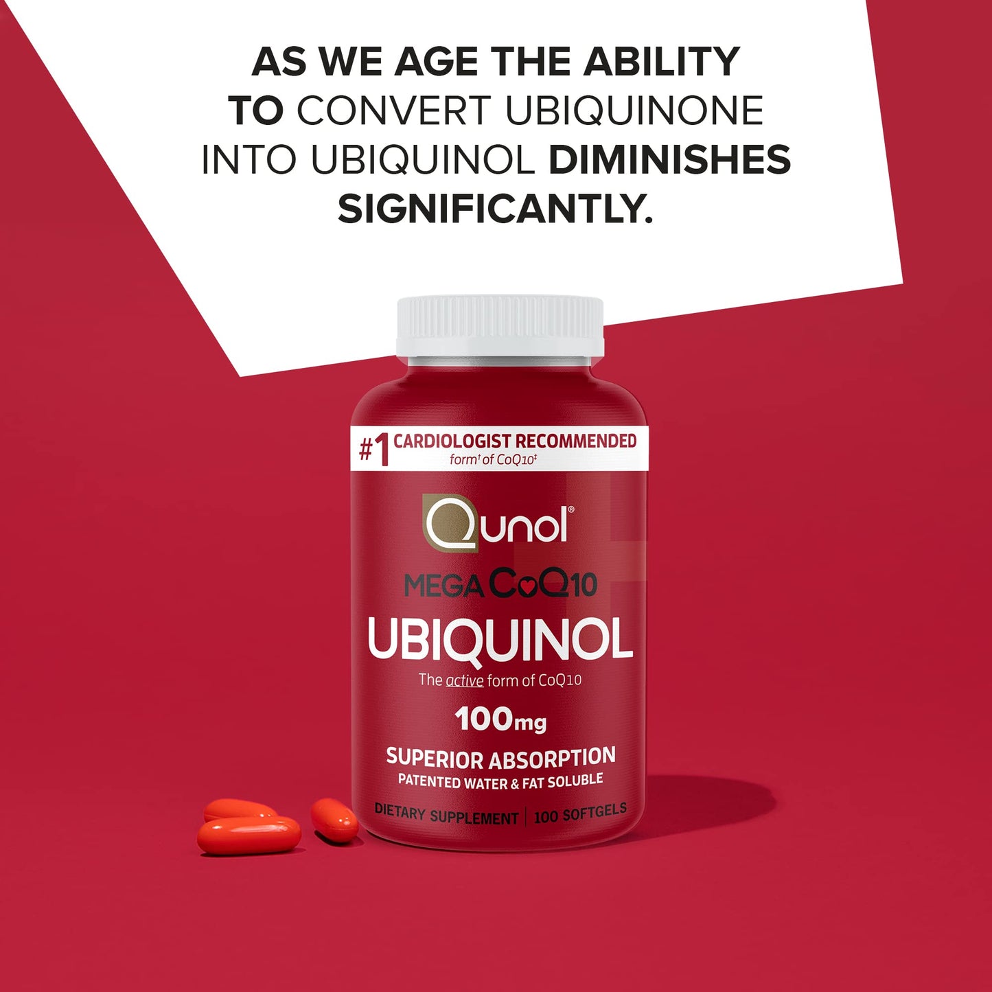 Ubiquinol CoQ10 100mg Softgels, Qunol Mega Ubiquinol 100mg - Superior Absorption - Active form of Coenzyme Q10 for Heart Health & Healthy Blood Pressure Levels - 100 Count (Pack of 2)