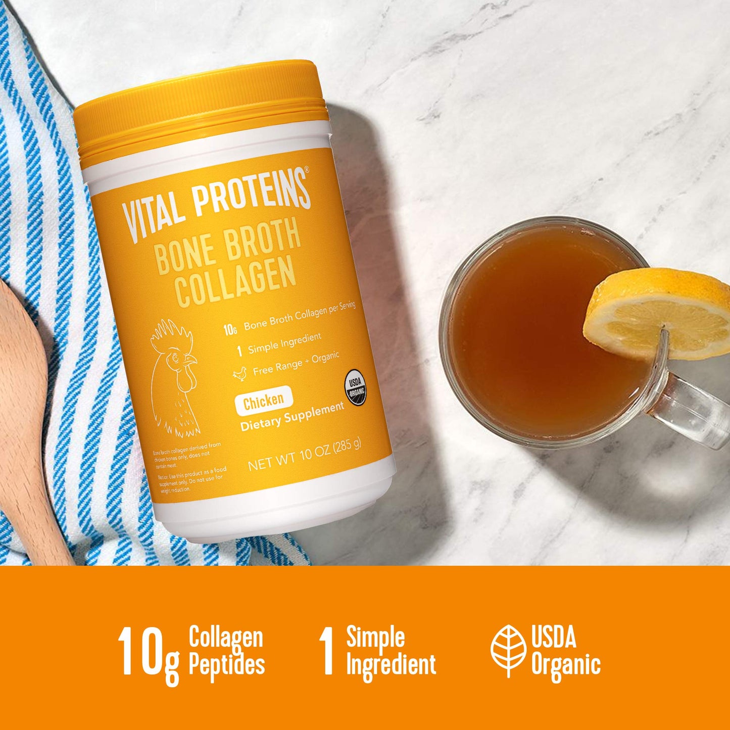 Vital Proteins Organic, Free-Range Chicken Bone Broth Collagen Powder Supplement with Hyaluronic Acid, MSG free - 10oz