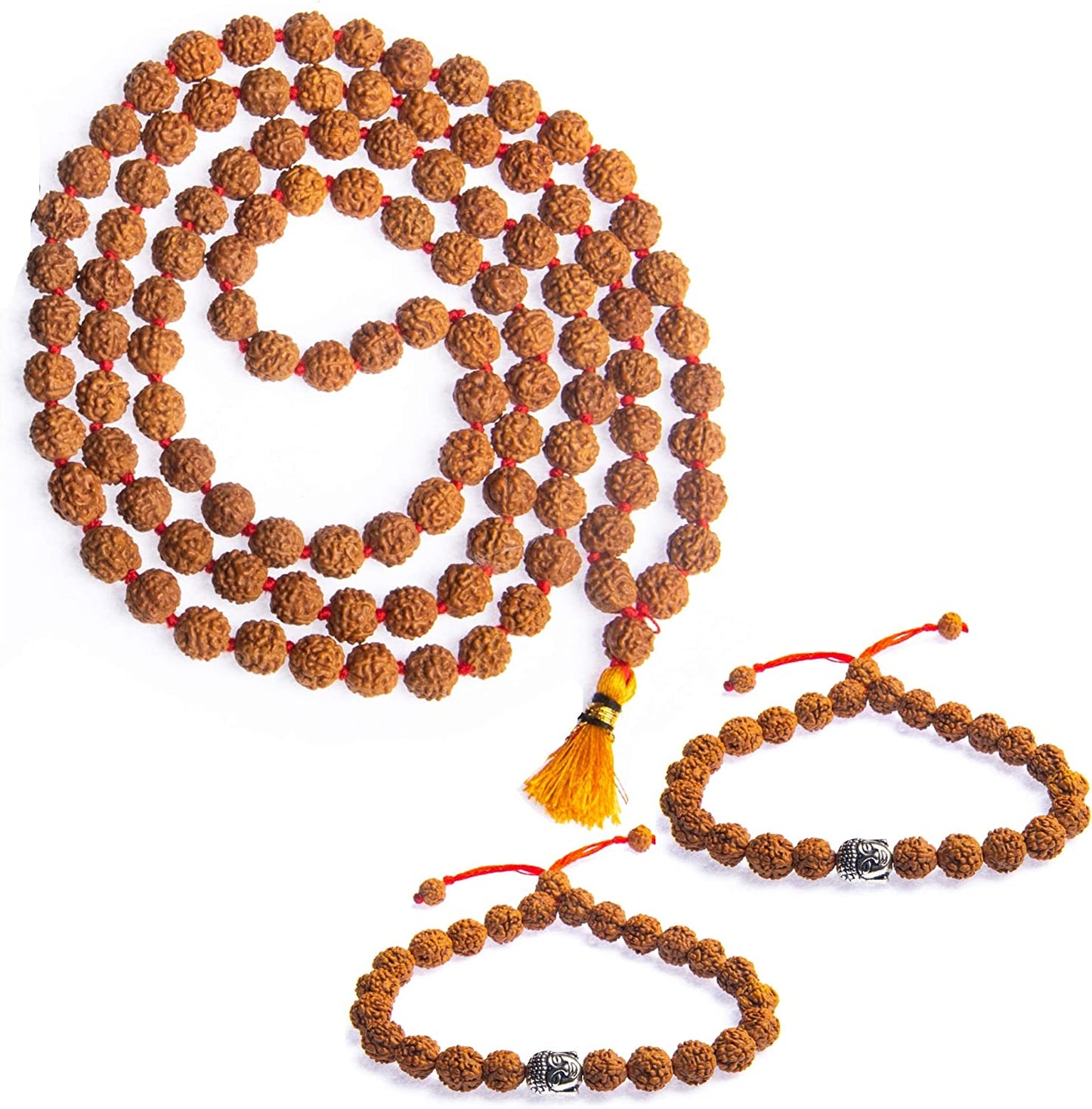 Wonder Care 108 Rudraksha Mala Real-5face Beaded Rudrashka Necklace- Genuine Himalayan Rudraksha Seeds Unisex jewelry with 2 pc Beaded String Bracelet -(8mm approx.)