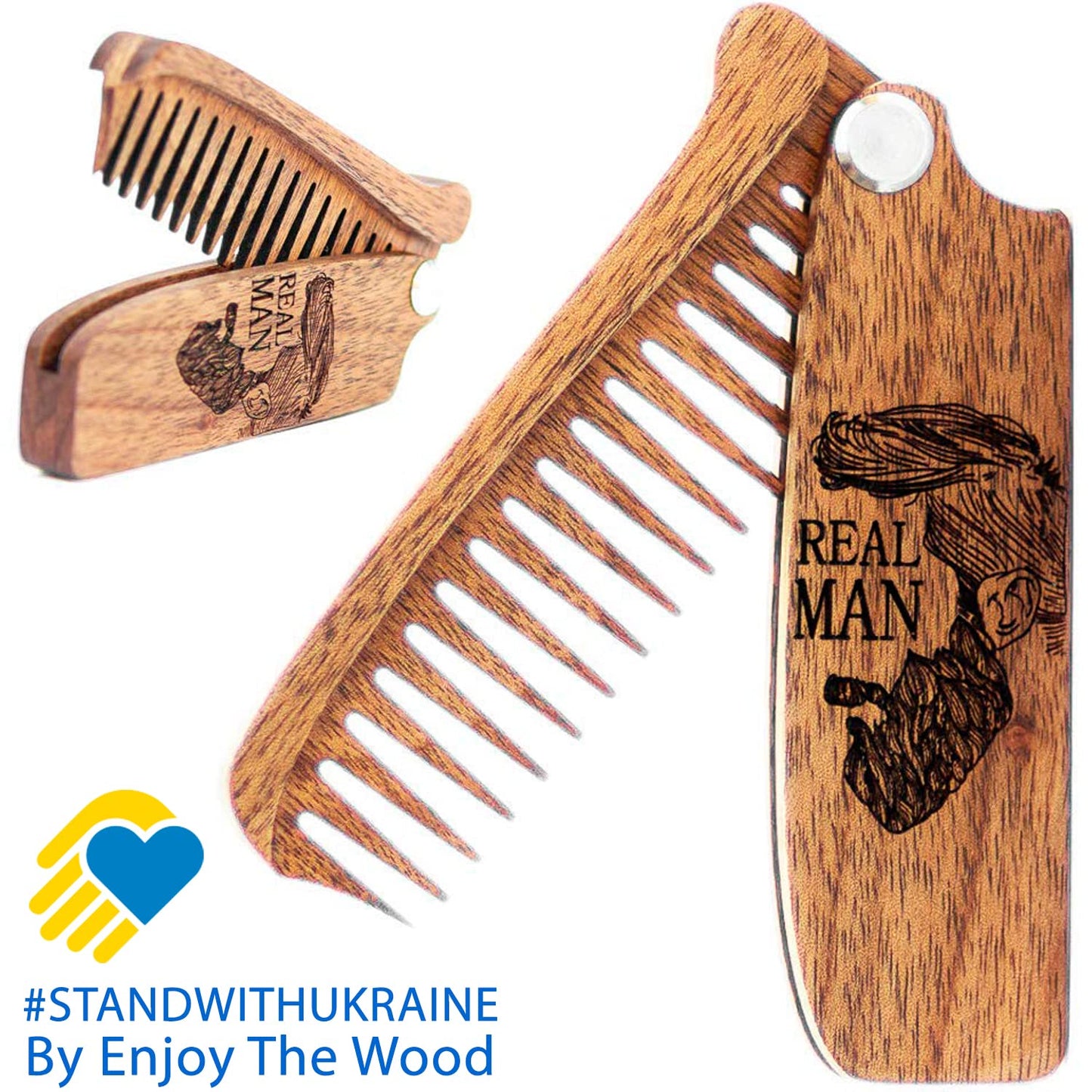 Beard Comb for Men Pocket Folding Combs for Mustache & Hair Travel Natural Wooden Comb with Real Man Engraving - Perfect for Use w/Beard Balm Oil (Real Man)