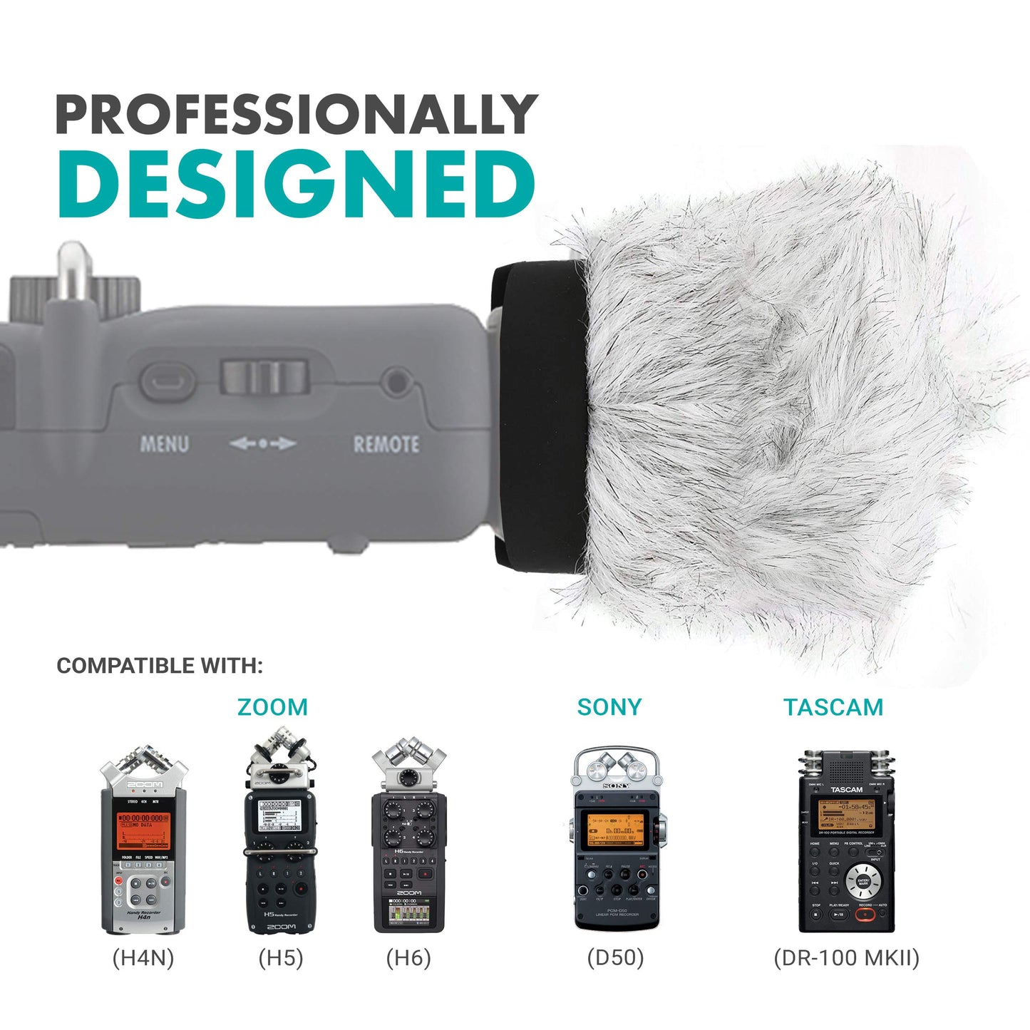 Movo WS-R30 Professional Furry Windscreen with Acoustic Foam Technology for Zoom H4n, H5, H6, Tascam DR-100 MKII and Sony PCM-D50 Portable Digital Recorders