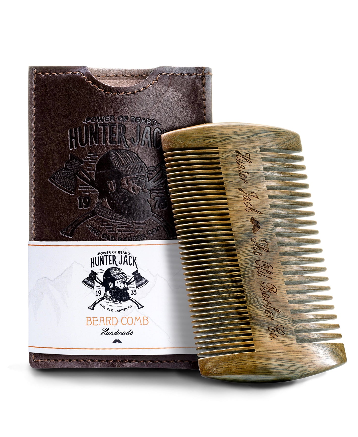 Beard Comb Kit for Men - Great for Head Hair, Beard Grooming & Mustache - Sandalwood Handmade Premium Wood - Fine Dual Action Teeth - Beard Care Kit for Men, Gift "Hunter Jack" PU Leather Case