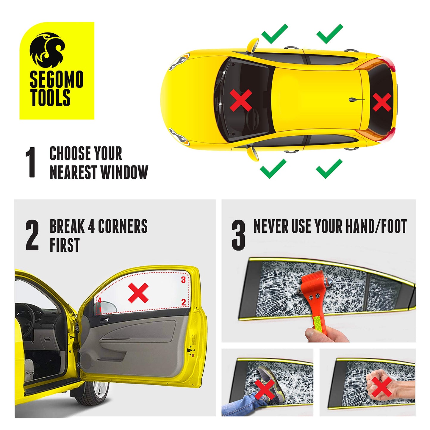 Segomo Tools 2 Packs of Emergency Escape Safety Hammer with Car Window Breaker & Seat Belt Cutter | Car Safety Tool | Seat Belt Cutter and Glass Breaker | Emergency Car Tool - ESHM02