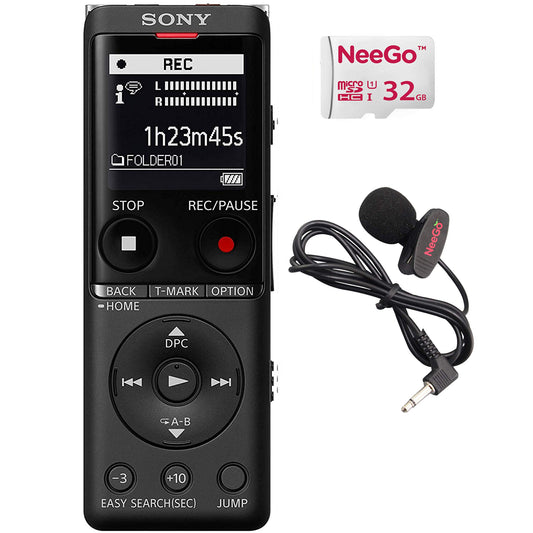Sony Digital Voice Recorder UX Series, 4 GB Built-in Storage, Expandable via MicroSD, Includes A NeeGo Lavalier Lapel Mic and a NeeGo Micro SD Card 32GB